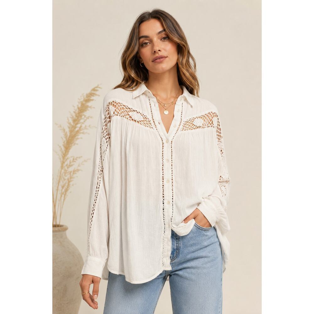 Free People Katie Bird Crochet Blouse Oversized Boho Peasant Top White Large